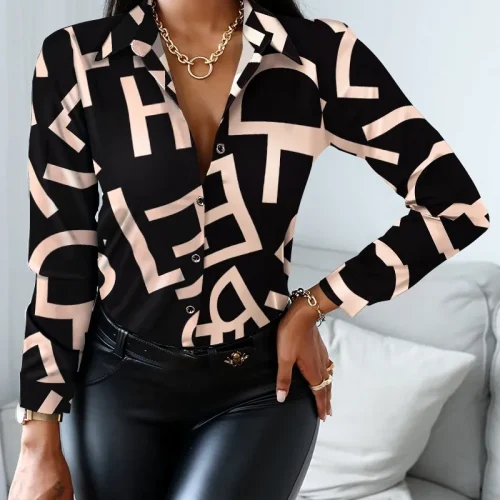 Elegant Women's Fashion Blouse 2023 Spring/Summer Digital Print Shirt Commuter Slim Fit Office Female Tops