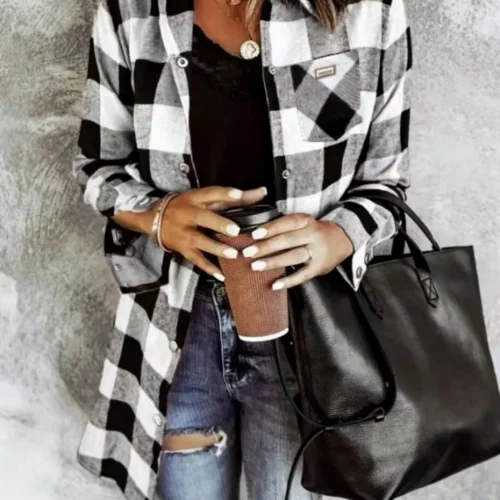 Flannel For Women 2024 Fall Fashion Long Sleeve Plaid Button Down Shirts Shacket Blouse Top With Pockets