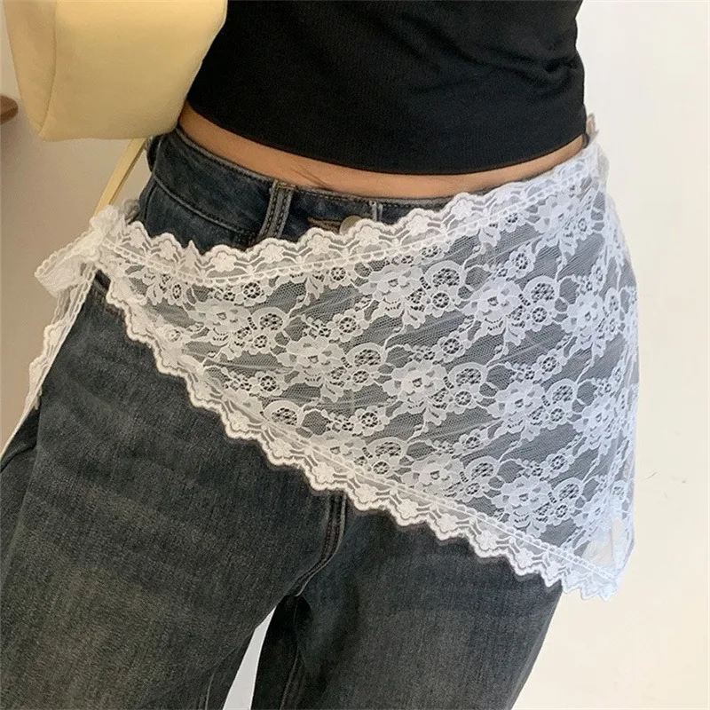 Y2K Stacked Lace Half Skirt Women Lace Tulle Bandage Skirt Layering Small Butt Curtain Short Skirt Flower Triangle Hair Scarf