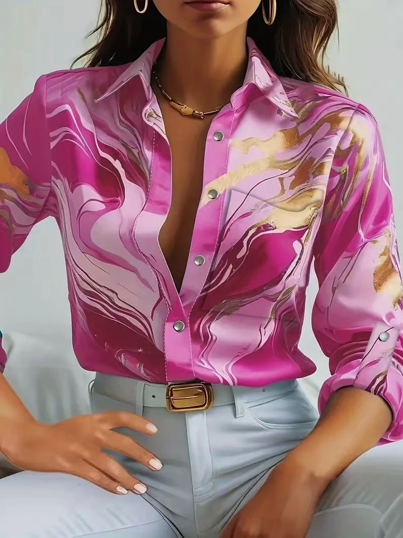 Women Print V-Neck Button Long Sleeve Shirt Loose Casual Holiday Tops Blouse