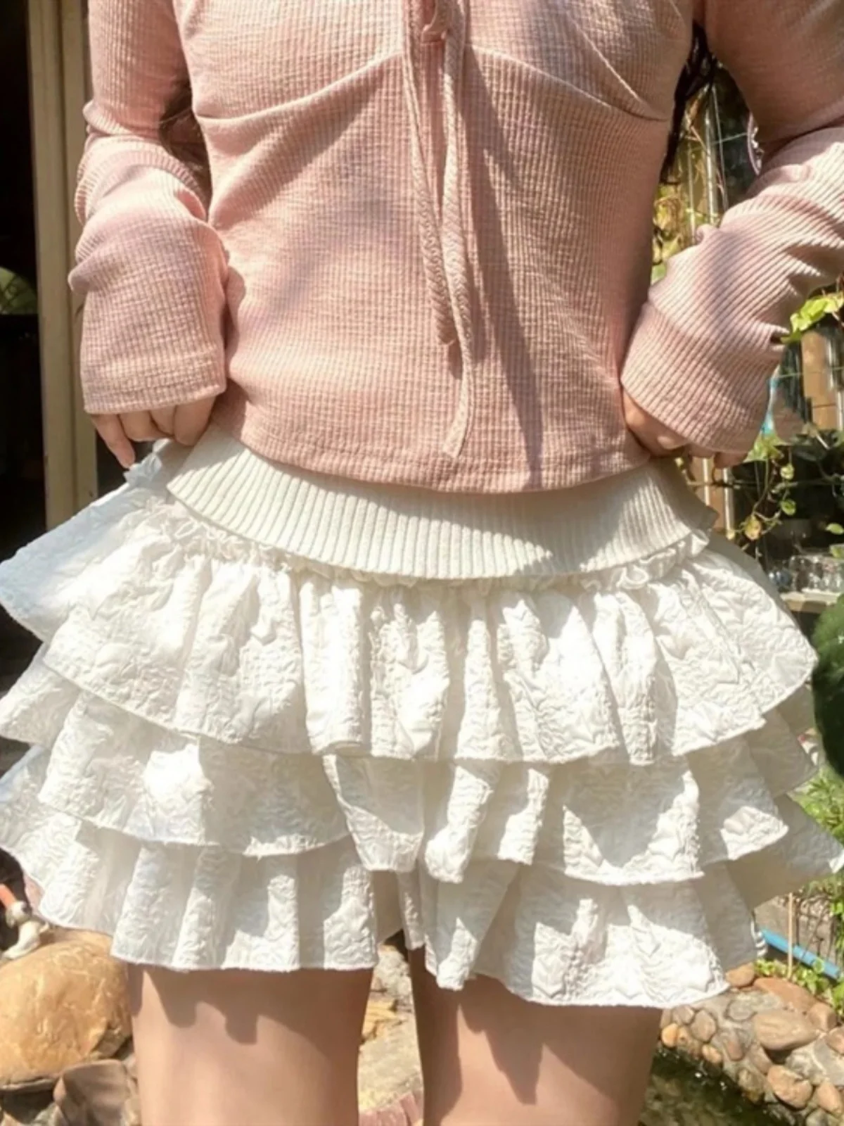 Kawaii Ball Gown Short Skirt Pleated Ruffles Layered High Waist Solid Mini Cake Skirts Lolita Girl Sweet Cute Elastic Waist Y2K - Image 2