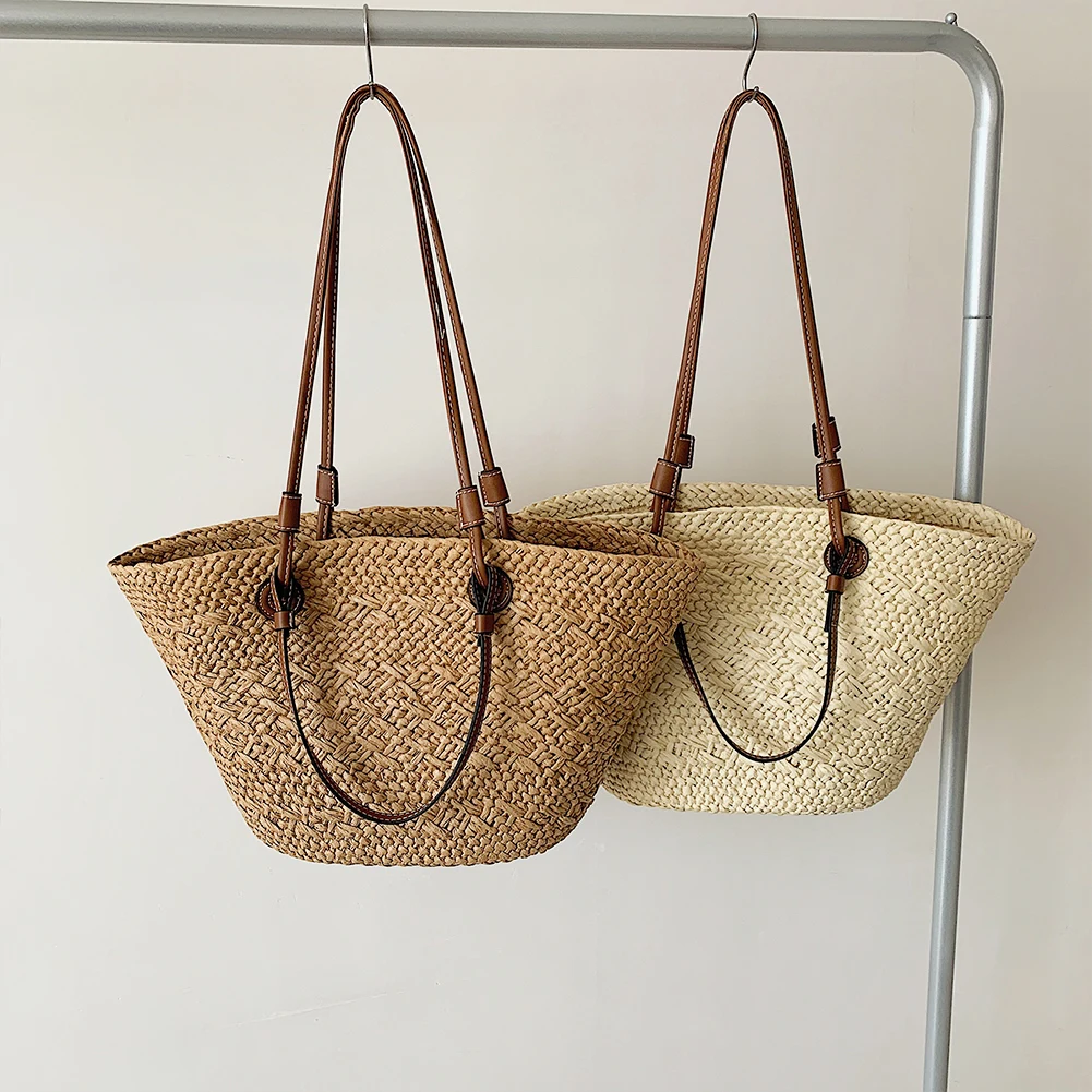 Women Woven Tote Bag Summer Beach Bags Large Capacity Simple Woven Handbag Stylish Weaving Bag Chic Hobo Bag for Outdoor Travel - Image 2