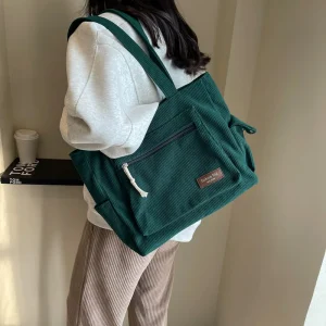Simple Corduroy Tote Bag, Solid Color Shoulder Bag, Retro Multi Pockets Handbag For School Work Shopping