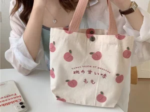 Small Canvas Women Tote Food Bag Japanese Peach Hand Lunch Bag Korean Mini Student Handbags Cotton Cloth Picnic Travel Bento