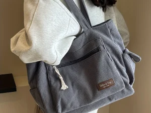Simple Corduroy Tote Bag, Solid Color Shoulder Bag, Retro Multi Pockets Handbag For School Work Shopping